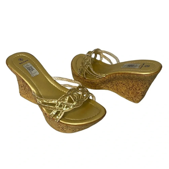 VINTAGE Y2K Platform Gold Sequin Baldwin 725 Original Wedge Open Toe Slides 6 - Picture 12 of 12